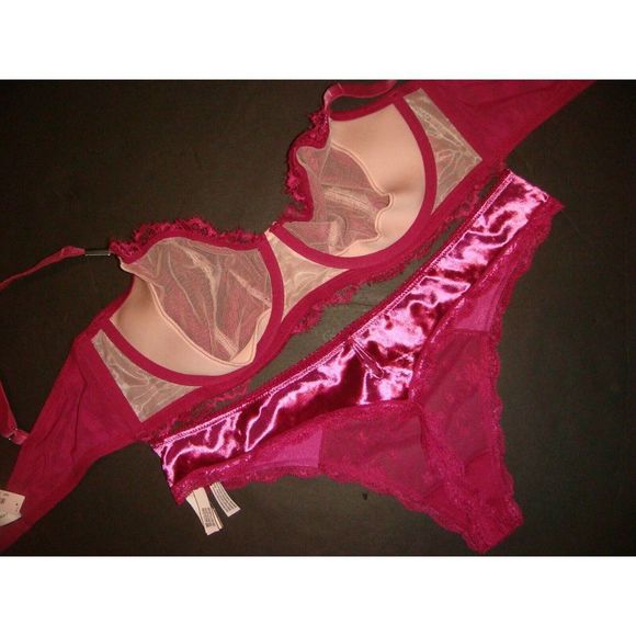 Victoria's Secret unlined 36C,36D BRA SET XL thong MAGENTA fuchsia pink velvet - Picture 3 of 3